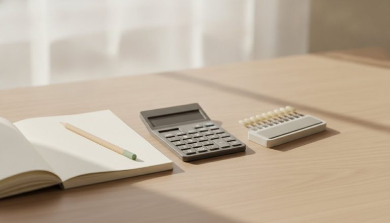 Calculadora, libreta y guía de tonos para planificar el costo del diseño de sonrisa