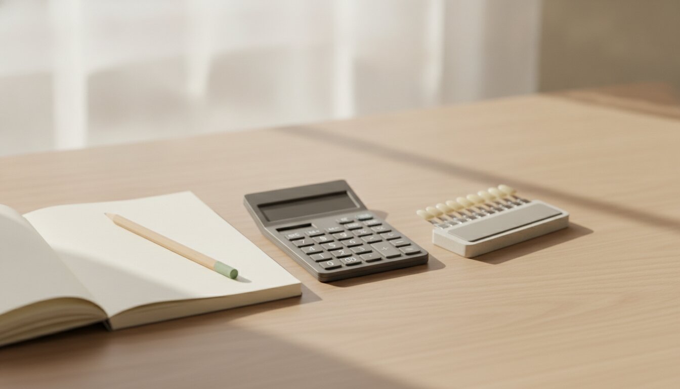 Calculadora, libreta y guía de tonos para planificar el costo del diseño de sonrisa