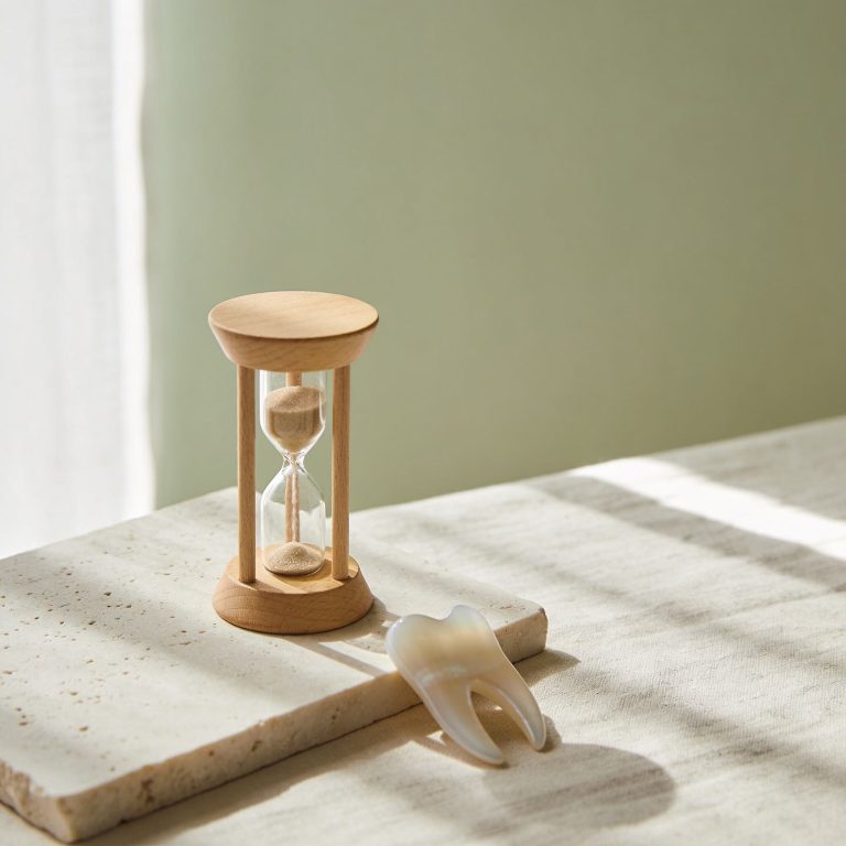 Reloj de arena y modelo dental como ilustración de la duración de las carillas
