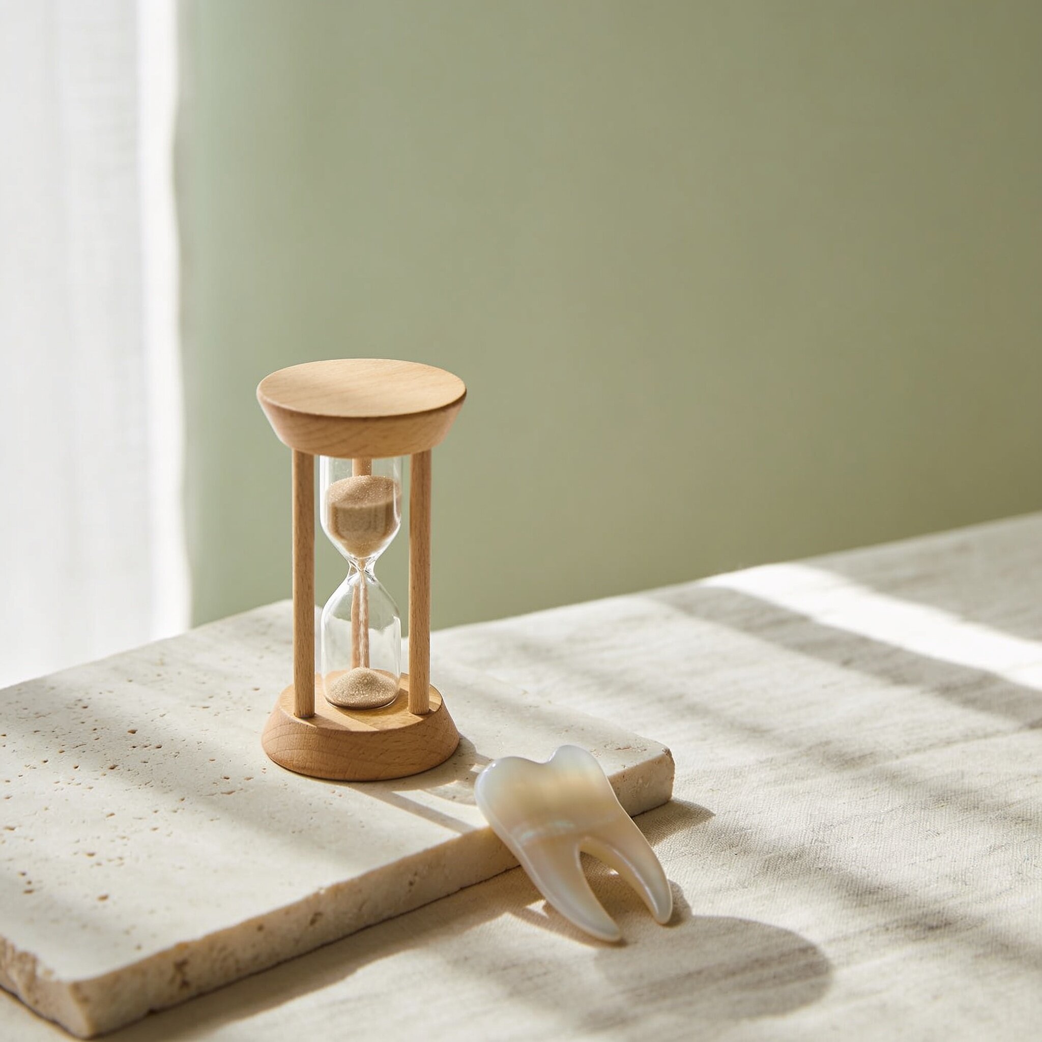 Reloj de arena y modelo dental como ilustración de la duración de las carillas