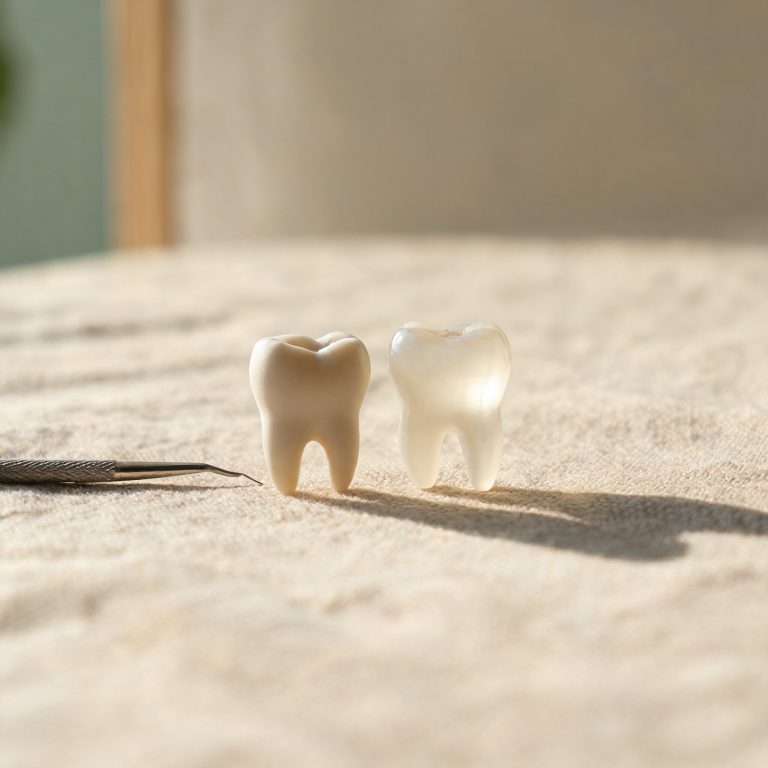 Cepillo y modelo dental para ilustrar la limpieza de carillas