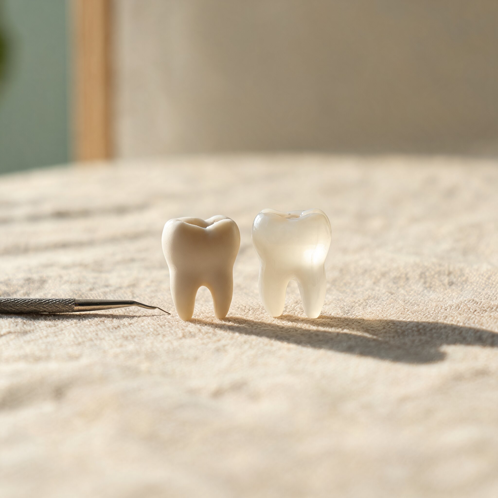 Cepillo y modelo dental para ilustrar la limpieza de carillas
