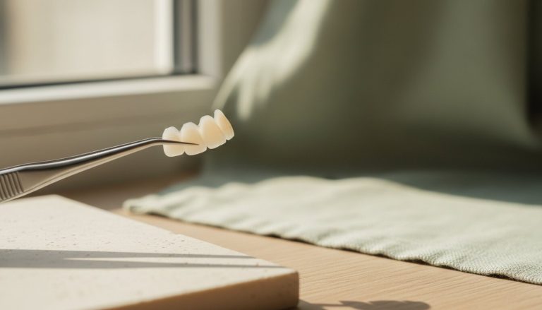 Restauración dental sostenida con pinzas para ilustrar el cambio a porcelana