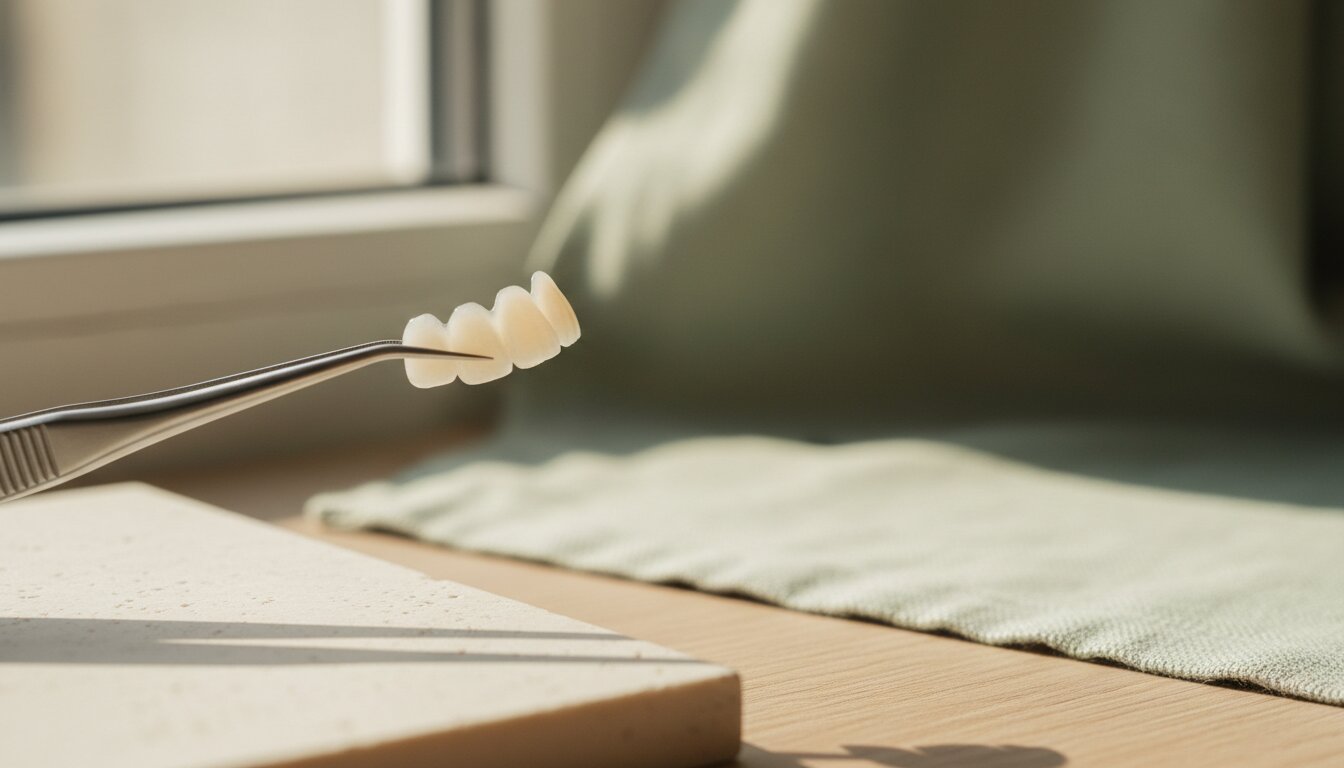 Restauración dental sostenida con pinzas para ilustrar el cambio a porcelana