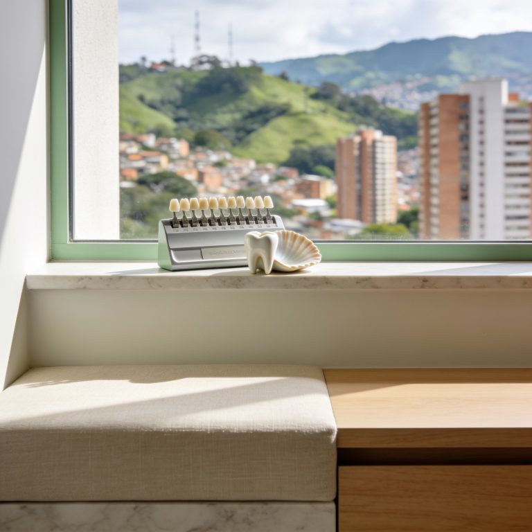 Guía de tonos dentales junto a una ventana con vista a Medellín