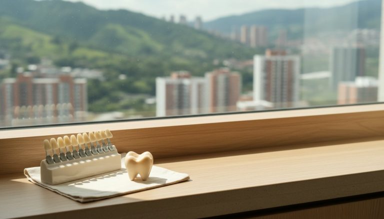 Guía de tonos y modelo dental con vista a Medellín