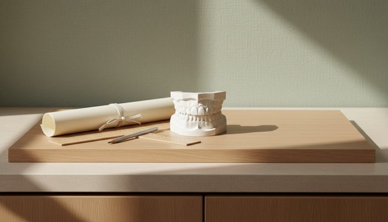 Modelo de dientes y placa protectora para ilustrar el cuidado frente al bruxismo