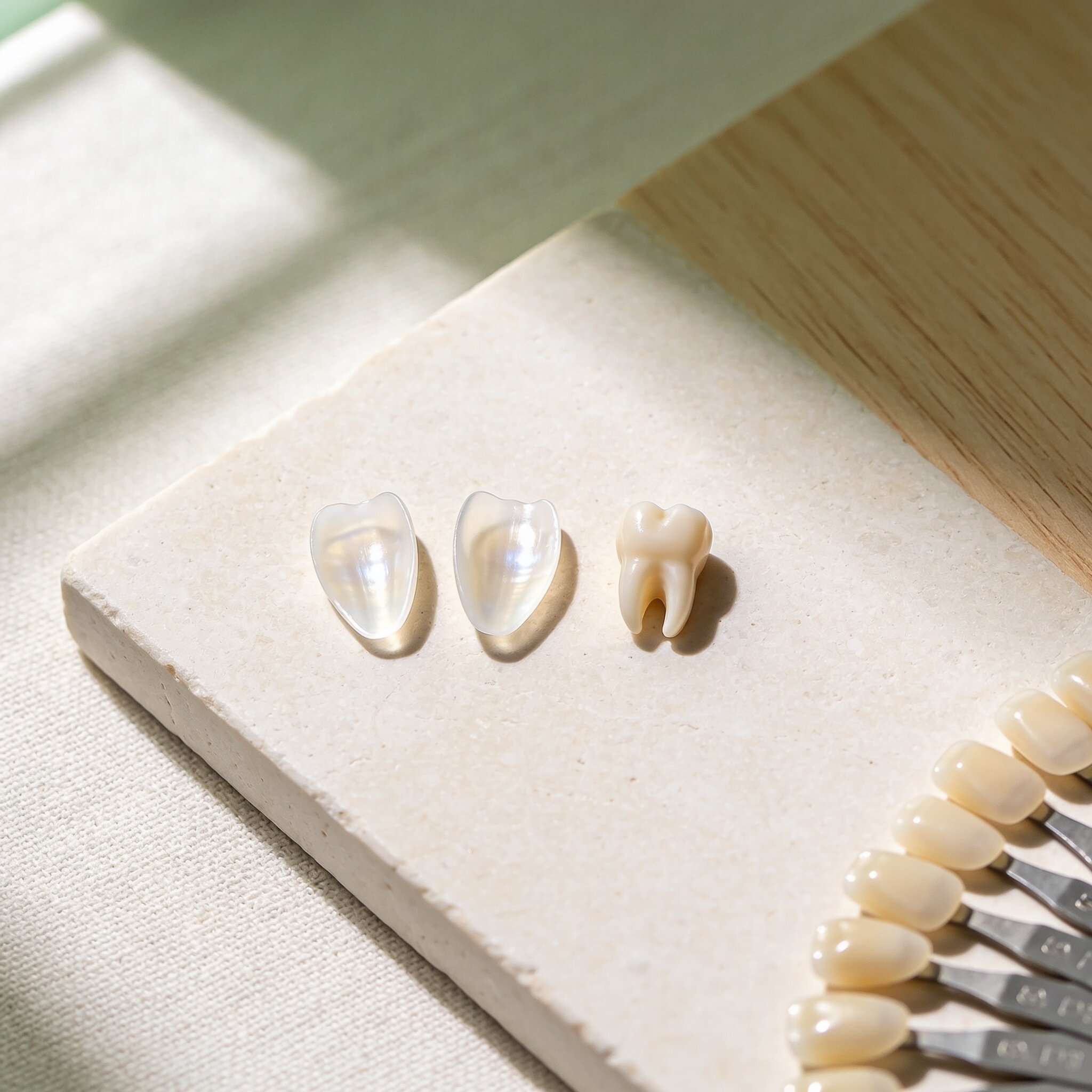 Láminas cerámicas y guía de color dental sobre una mesa de consulta