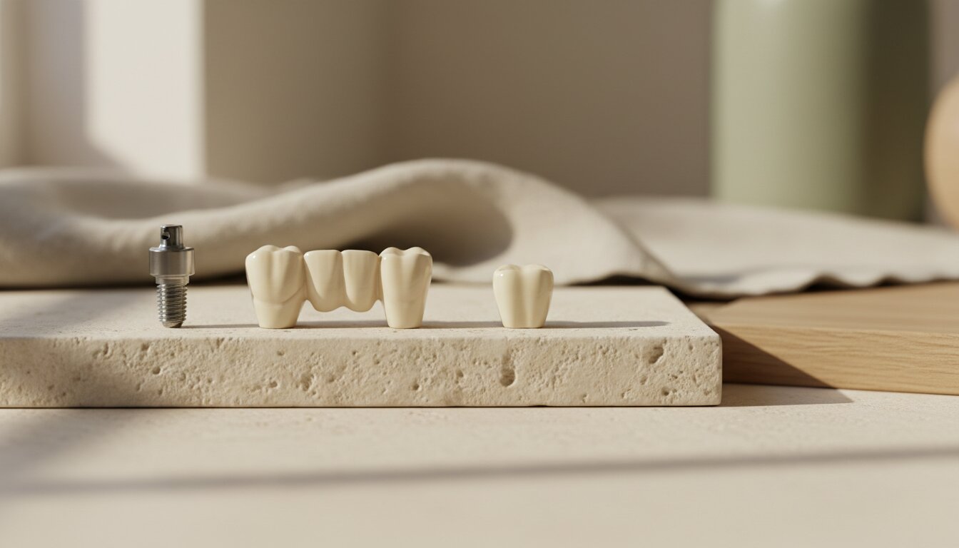 Modelos dentales e implante sobre una mesa para ilustrar la rehabilitación oral